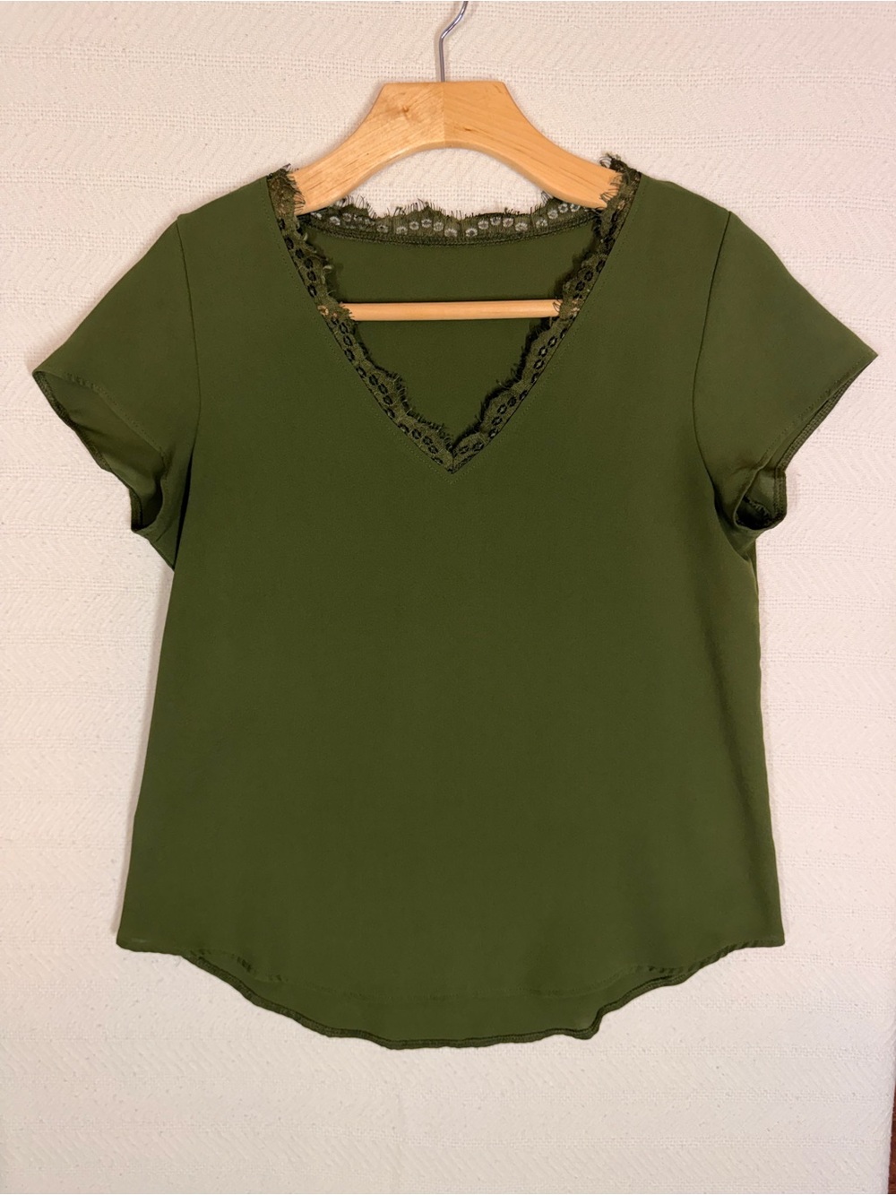 SHEIN Frenchy Romantic Olive Green Lace Trim V Neck Blouse S